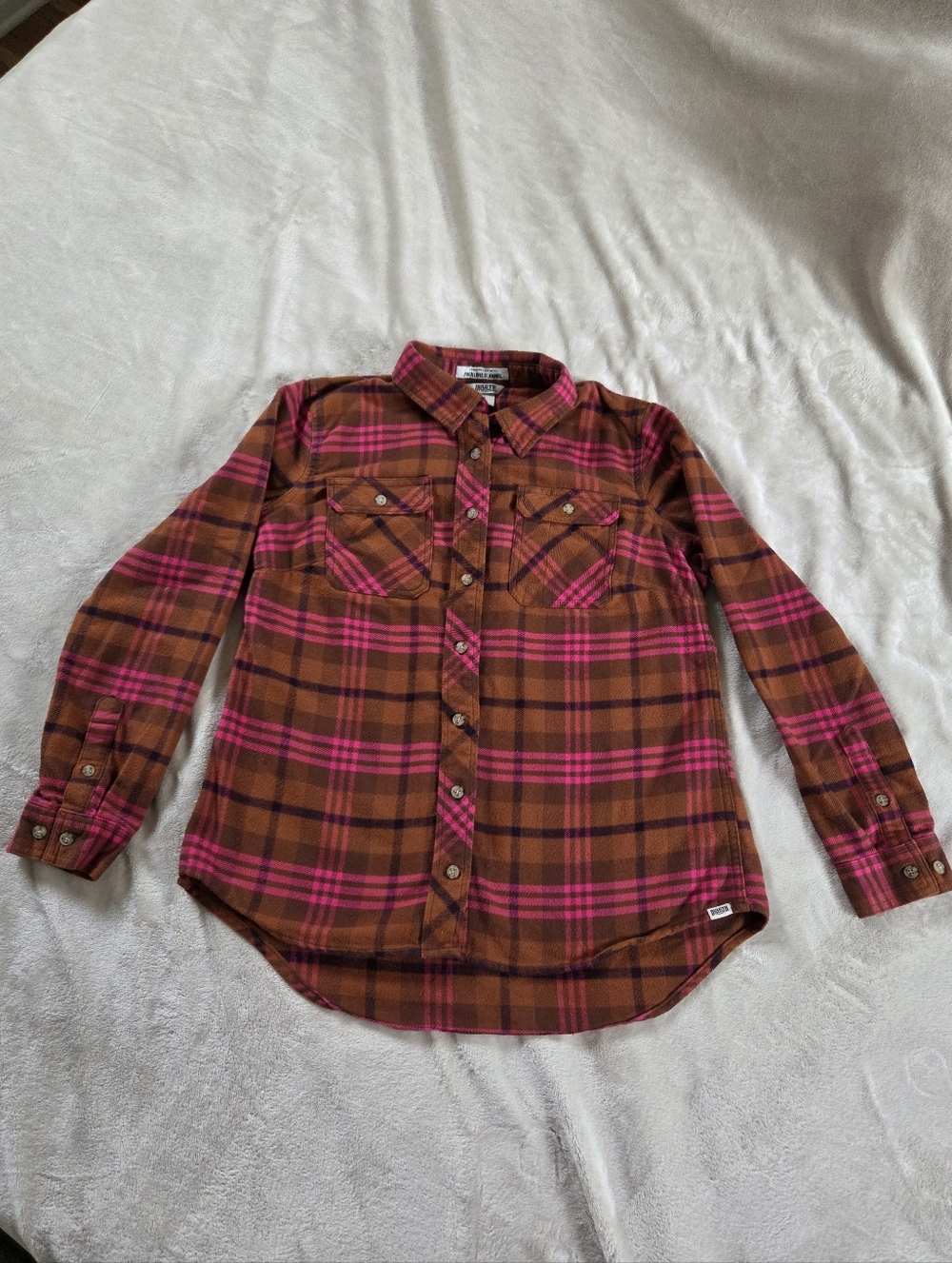 Duluth Trading Co Brown & Hot Pink Plaid Folklore Flannel Shirt Womens Size L